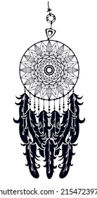 Cazador de ensueño con hilos, abalorios y plumas. Símbolo nativo americano al estilo boho. Ilustración tribal vectorial. Silueta de dreamcatcher india étnica.