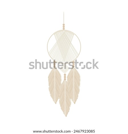 Dream catcher with threads, beads and feathers. Native american symbol in boho style. Vector tribal illustration. Ethnic indian dreamcatcher silhouette.