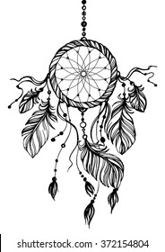 Dream catcher, traditional native american indian symbol. Feathers and beads on white background. Hand drawn vector illustration.