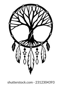 Dream catcher with tree of life inside. Tribal indian symbol. Ethnic vector illustration. Dreamcatchers silhouette. Boho style design