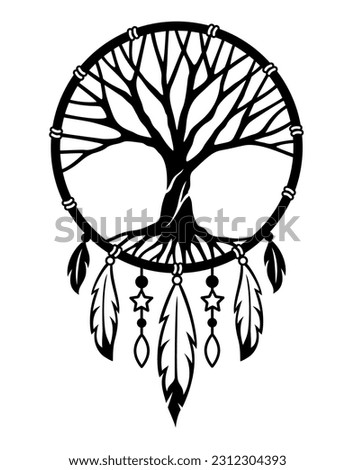 Dream catcher with tree of life inside. Tribal indian symbol. Ethnic vector illustration. Dreamcatchers silhouette. Boho style design