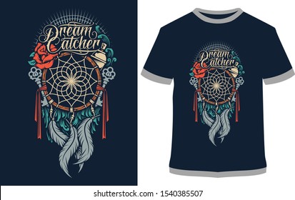 Dream catcher t-shirt - vector design illustration, it can use for label, logo, sign, sticker for printing for the family t-shirt.