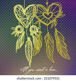 Dream catcher with two hearts. Isolated vector illustration on the blurred background. Can be used for Valentine's day and for different holiday