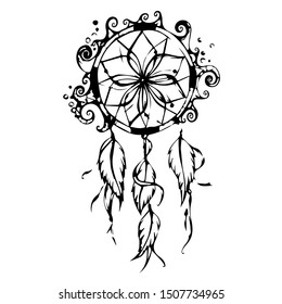 Dream catcher vector hand drawn illustration. Isolated on a white background