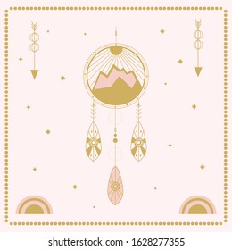 Dream catcher vector hand drawn illustration with ornaments elements mountain, sun, feathers, arrows. Vector trendy illustration.