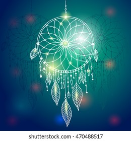 Dream catcher, vector hand drawn illustration with mysterious native American sparkling object. 