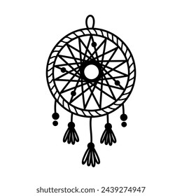 Dream catcher vector icon. Homemade accessory made from a round hoop, bird feathers, beads, lace. Shamanic symbol of magic, sleep protection, spirits. Hand drawn doodle, black and white clipart