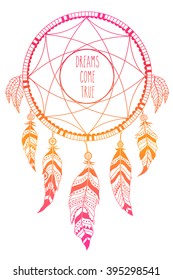Dream catcher. Vector illustration over colorful watercolor background.