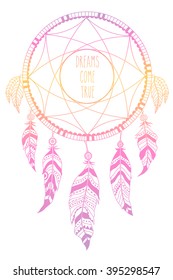 Dream catcher. Vector illustration over colorful watercolor background.