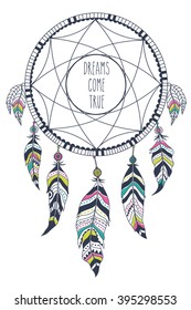 Dream catcher. Vector illustration over colorful watercolor background.