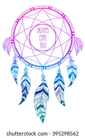 Dream catcher. Vector illustration over colorful watercolor background.