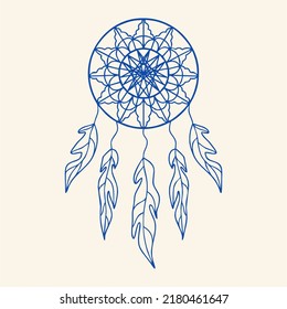 Dream Catcher. Ilustración vectorial de un catcher de ensueño con hilos y cuentas, plantilla de mascota étnica con plumas en un fondo claro.