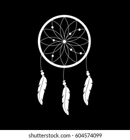 Dream catcher white on black background. Icon.