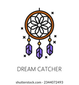 La brujería de Dream Catcher y el icono mágico simbolizan la protección y la energía positiva. Señal de encantamiento lineal vectorial aislado con intrincada web y plumas protegen de los malos sueños e invitan al sueño pacífico