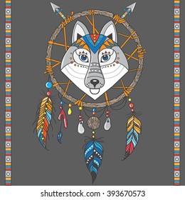 dream catcher with wolf. boho style. totem animal