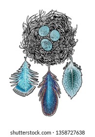 Dream catcher or wreath in the form of a nest.Vector illustration. Bohemian, boho style. Magic, talisman . Tattoo design. Obereg. Poster. Postcard.
