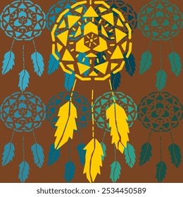 dream catcher yellow stencil art artwork abstract seamless geometric graphic decoration ethnic outline template wallpaper print ethnic fabric pattern hand drawn shape ombre blue background

