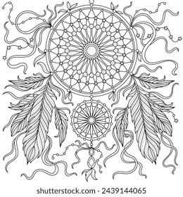 Dream catcher.Coloring book antistress for children and adults. Illustration isolated on white background. 