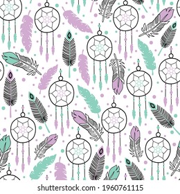 Dream catchers feathers seamless vector ethnic boho pattern. Repeating background Native American tribe decoration print element, tribal Navajo isolated illustration bohemian ornament, Peru, Aztec