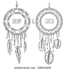 Dream catchers. Native american traditional symbol. T-shirt, bag, poster design. Vintage vector hand drawn illustration isolated on white background.