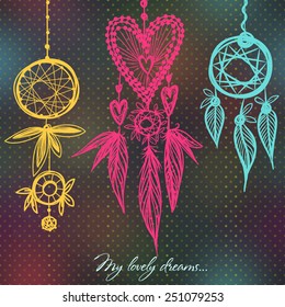 Dream catchers, vector illustration on the blurred background