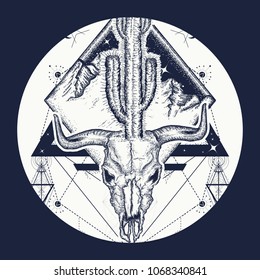 Dream cather tattoo and t-shirt design. Psychodelic art. Bull skull, cactus, mountains, sacred geometry 