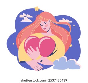 Nuvem de sonho. Mulher feliz abraçando o coração do amor. Menina fofa com sonho. Céu nublado. Inspiração e imaginação. Bem-estar mental. Autoestima. Cuidado mental e conforto. Expressão positiva. Conceito de vetor