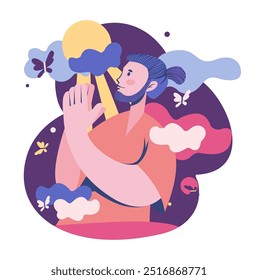 Dream cloud. Man looking at sky. Happy man. Prayer hands gesture. Sunny cloudscape. Dreamlike butterflies. Daydreaming guy. Cloudy heaven. Inspiration and imagination. Mental comfort. Vector concept