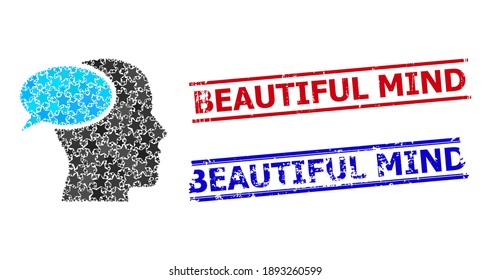Dream cloud star pattern and grunge Beautiful Mind seal stamps. Red and blue stamps with grunge texture and Beautiful Mind word.