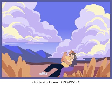 Nubes de ensueño. Paisaje escénico. Pareja mirando el paisaje de la naturaleza. Paisaje de nubes al atardecer. Prados de la colina del verano. Hombre y mujer abrazándose. Mirando al horizonte. Picnic en el parque. Paseo exterior. Ilustración vectorial