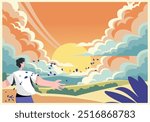Dream clouds. Scenic landscape. Man looking at nature scenery. Sunset cloudscape. Summer hill meadows. Guy back view. Person watching to horizon. Outdoor walk. Wind blowing leaves. Vector illustration