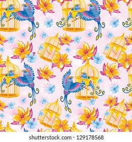 Dream colorful seamless pattern with birds and golden cages and bright flowers on dots and line art background
