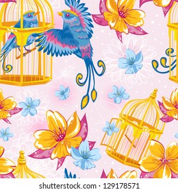 Dream colorful seamless pattern with birds and golden cages and bright flowers on dots and line art background