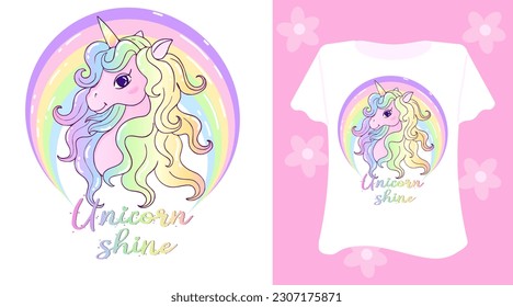 Dream come true Happy  Vector slogan with an  cute unicorn with raibow on pink background for t shirt, poster, dress, nightie, kids backpack. Inspirational quote card, invitation, banner