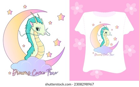 Dream come true Vector slogan with a dragon  on white background. Inspirational quote card, invitation, banner, lettering poster 2024