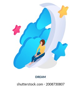 Dream concept. Girl sitting on the moon among the clouds and stars. Isometric vector illustration on white background.
