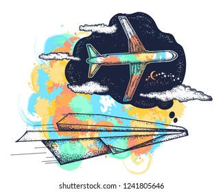 Dream concept. Paper plane dreams to become the big plane. Symbol imagination,  motivation, creative art 