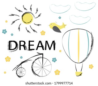 Dream doodle card template with bike and air balloon Vector