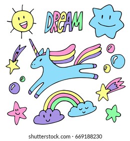 Dream doodle vector set with hand drawn colorful elements in line style. Included unicorn, star, bubbles, sun, rainbow & other on white background. Good for cards, textile print & any thematic design.