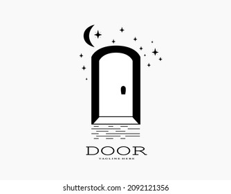 Dream of door icon with black and white. Aesthetic doorway logo with stars and moon. Trendy arch architecture entrance and stairway vector.