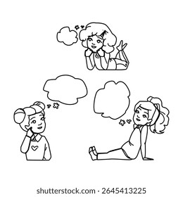 dream dreaming kid girl vector. little youth, happy childhood, female children dream dreaming kid girl character. people black line pencil drawing illustration