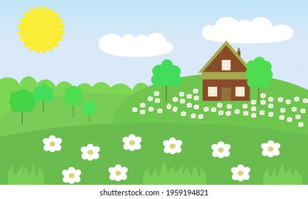 Dream farm house home on green hills and field of flowers in rural countryside cartoon vector landscape summer nature background wallpaper peaceful village