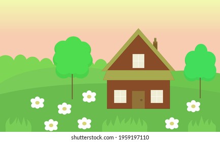 Dream farm house home on green hills and field of flowers in rural countryside cartoon vector landscape summer nature background wallpaper