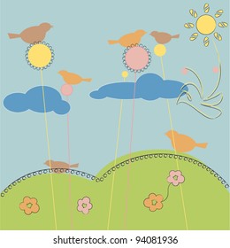 dream field with birds and flowers