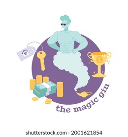 Dream flat composition with magic jinn cup money house key vector illustration