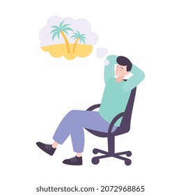 Dream flat composition with male character sitting in chair dreaming of tropical vacation vector illustration