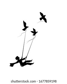 dream flying concept, boy on the swing is flying away and holding pigeons, fly in the dream land, shadows, silhouette.