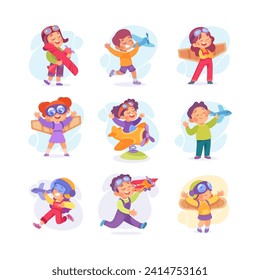 Dream of Flying with Little Kids Playing Plane and Having Fun Vector Set