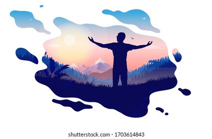 Dream of freedom - Man standing in beautiful dreamy landscape with raised hands watching the sunrise. Nature scene with silhouette person vector illustration.