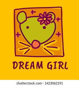 Dream Girl. Colorful doodle portrait of cute mouse wearing a flower on head, shining. Simple bright colors illustration. Childrens and babies T-shirt print.